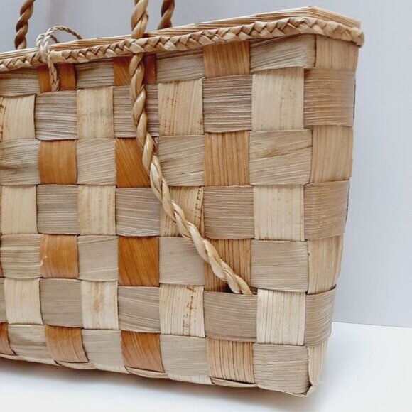 Vintage Hand Made Wide Woven Leaf Large Beach Tote Summer Bag Rope Handle Beige - Picture 10 of 15